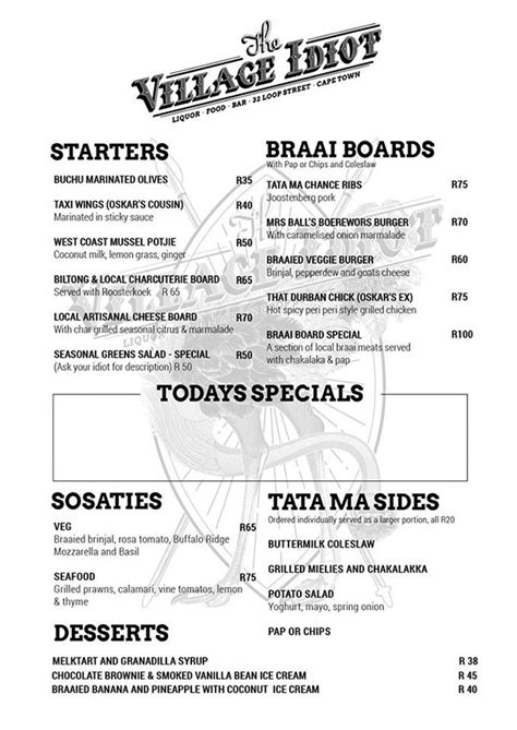 Menus for The Village Idiot .